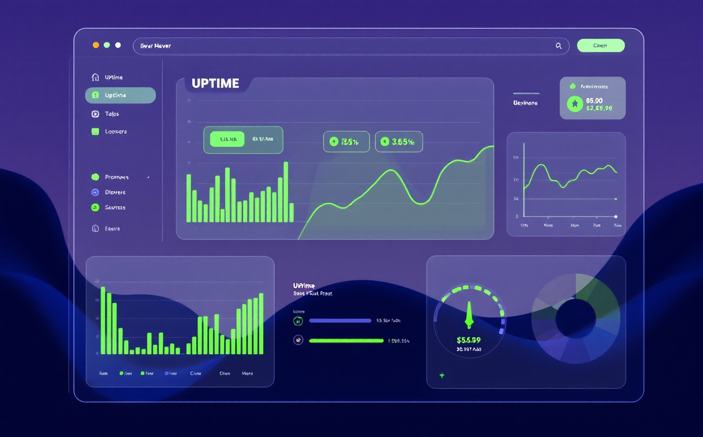 Real-time uptime dashboard showing API response times and server status metrics